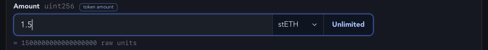 A token amount field showing 1.5 with the stETH unit, an Unlimited button and the raw units conversion