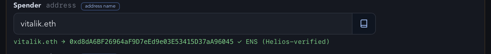An address field with vitalik.eth resolved to its address, marked ENS Helios-verified