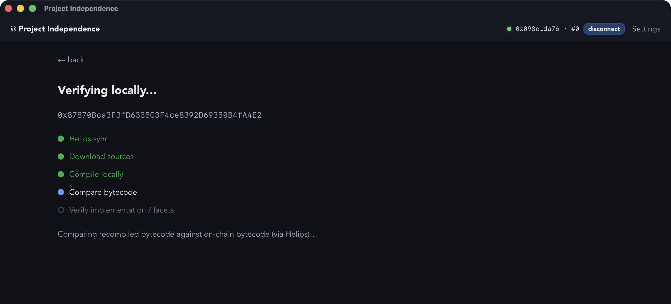 The verification gate mid-run on Aave V3 Pool: Helios sync, download sources and compile locally done; compare bytecode in progress