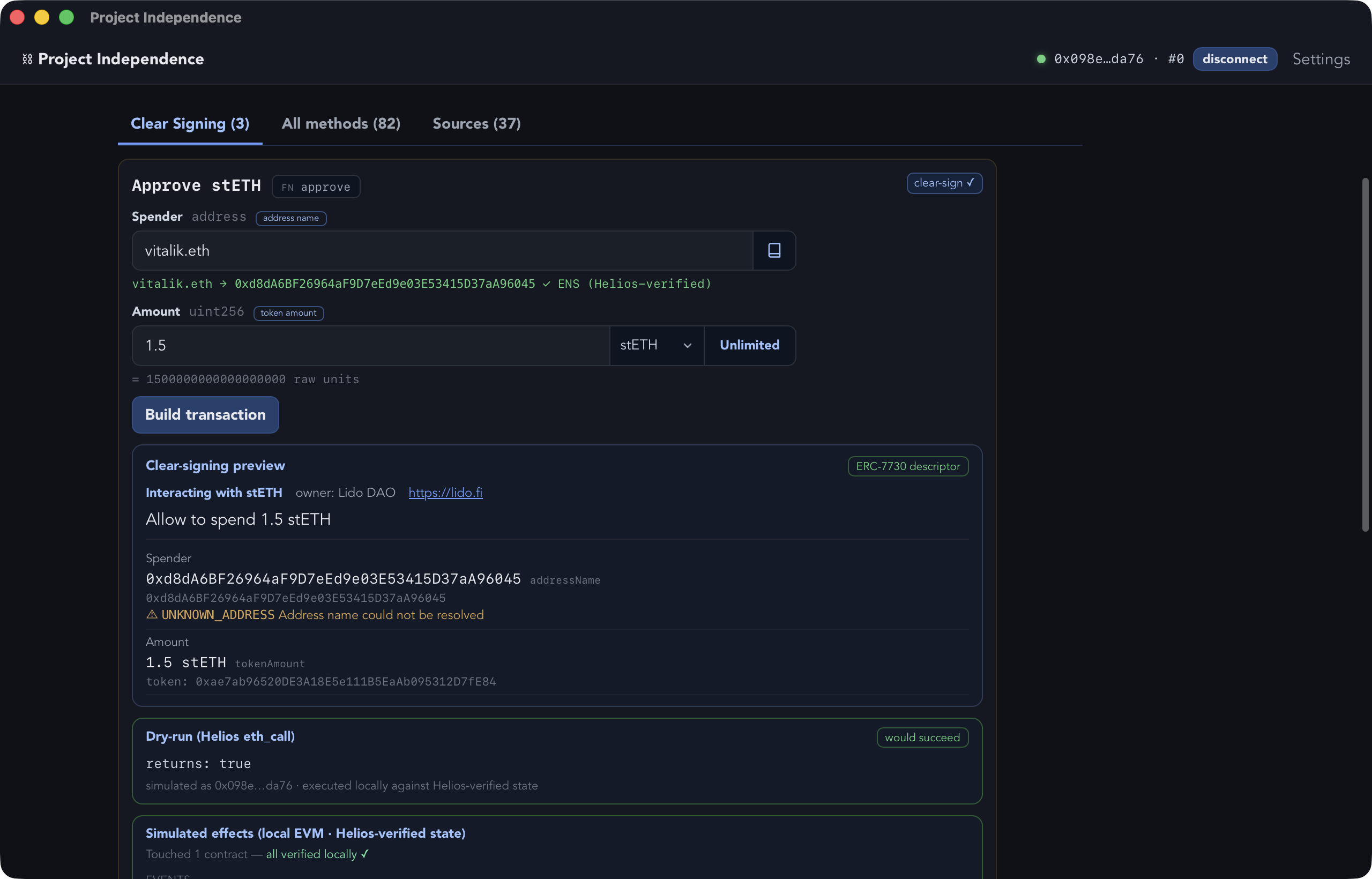The clear-signing form for stETH approve: an ENS name resolved through Helios, a token amount in stETH units, the ERC-7730 preview, a Helios dry-run and a local-EVM effects simulation