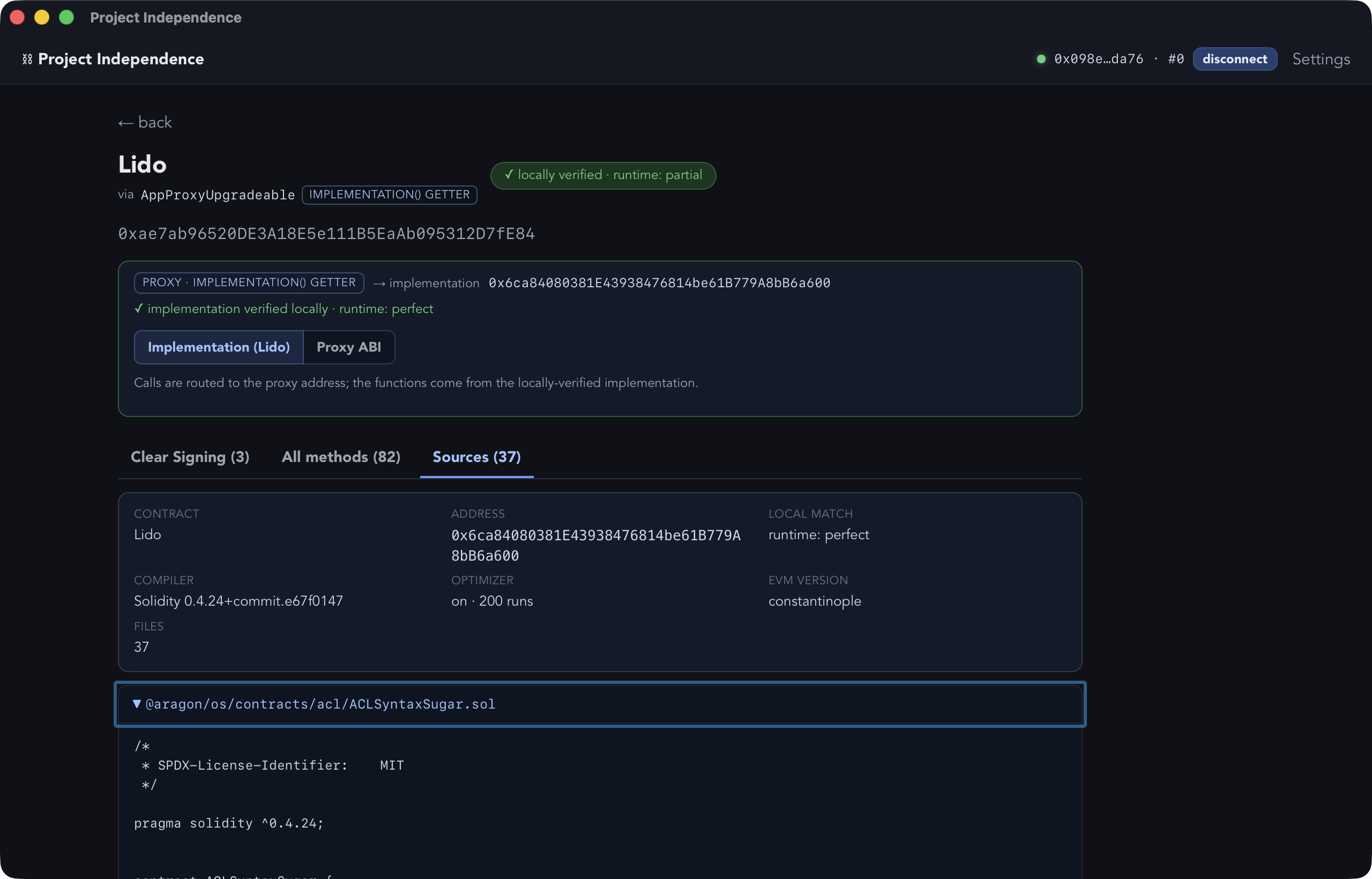 The Sources tab for Lido: perfect runtime match, Solidity 0.4.24, optimizer on, 37 verified files with code expanded